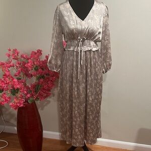 Taupe Floral Satin Long Sleeve Midi Dress
